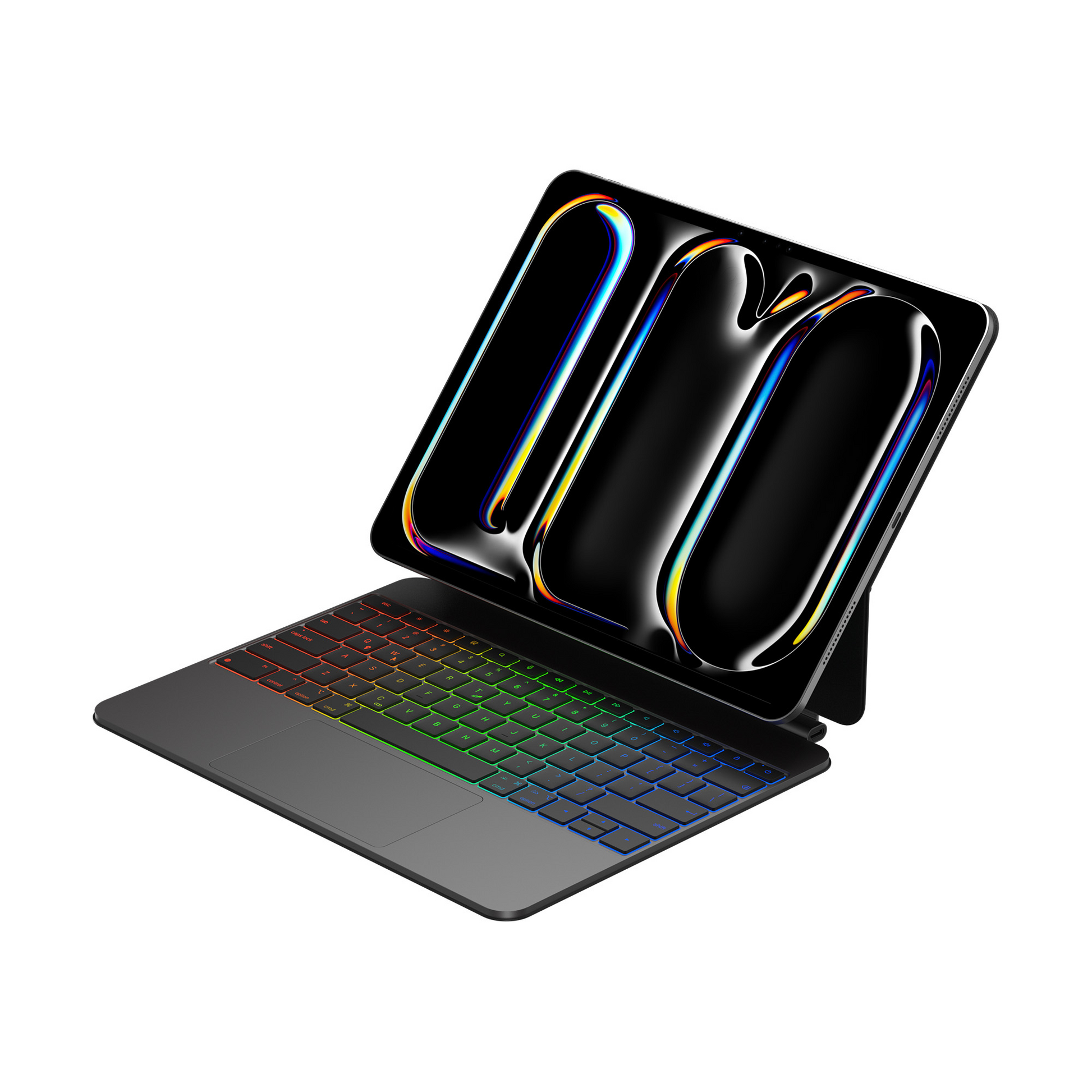 Close-up of Keypad Pro magnetic iPad keyboard with backlit keys illuminated in a dark room.